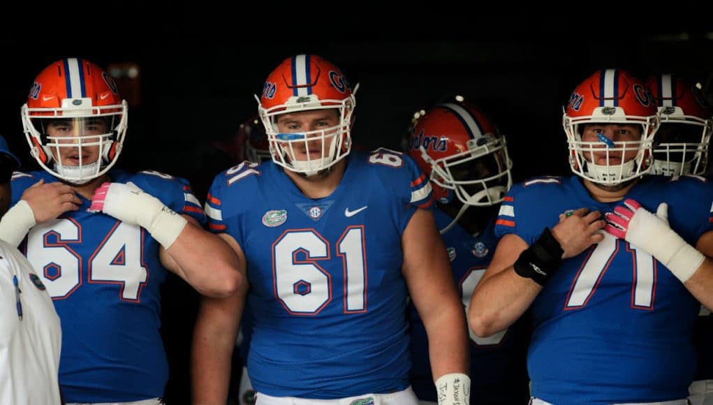 University of Florida offensive linemen Tyler Jordan, Brett Heggie and Nick Villano in the tunnel before the Florida Gators game against Georgia- Florida Gators football- 1280x852