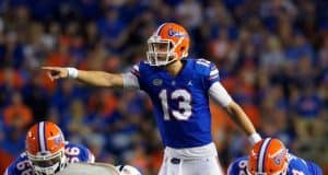 University of Florida quarterback Feleipe Franks calls out a protection at the line of scrimmage against Charleston Southern- Florida Gators football- 1280x854