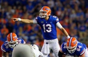 University of Florida quarterback Feleipe Franks calls out a protection at the line of scrimmage against Charleston Southern- Florida Gators football- 1280x854