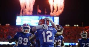 University of Florida receiver Van Jefferson celebrates with teammates after catching a jump pass for a touchdown- Florida Gators football- 1280x853