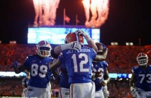 University of Florida receiver Van Jefferson celebrates with teammates after catching a jump pass for a touchdown- Florida Gators football- 1280x853