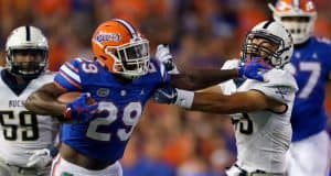 University of Florida running back Dameon Pierce stiff arms a defender during the Florida Gators 53-6 win over Charleston Southern- Florida Gators football- 1280x853