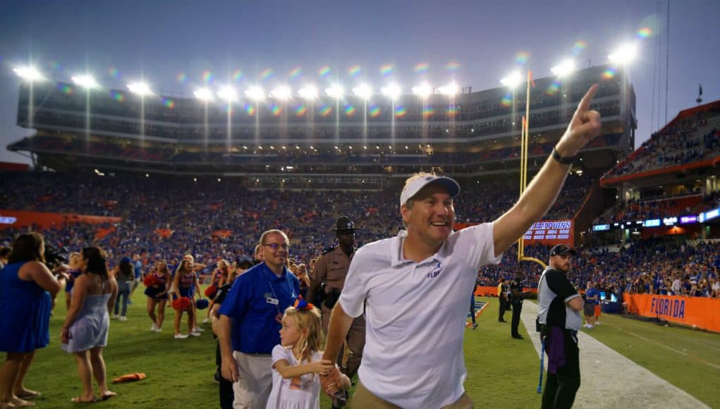 Florida Gators head coach Dan Mullen celebrates the win over LSU- 1280x852