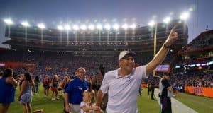 Florida Gators head coach Dan Mullen celebrates the win over LSU- 1280x852