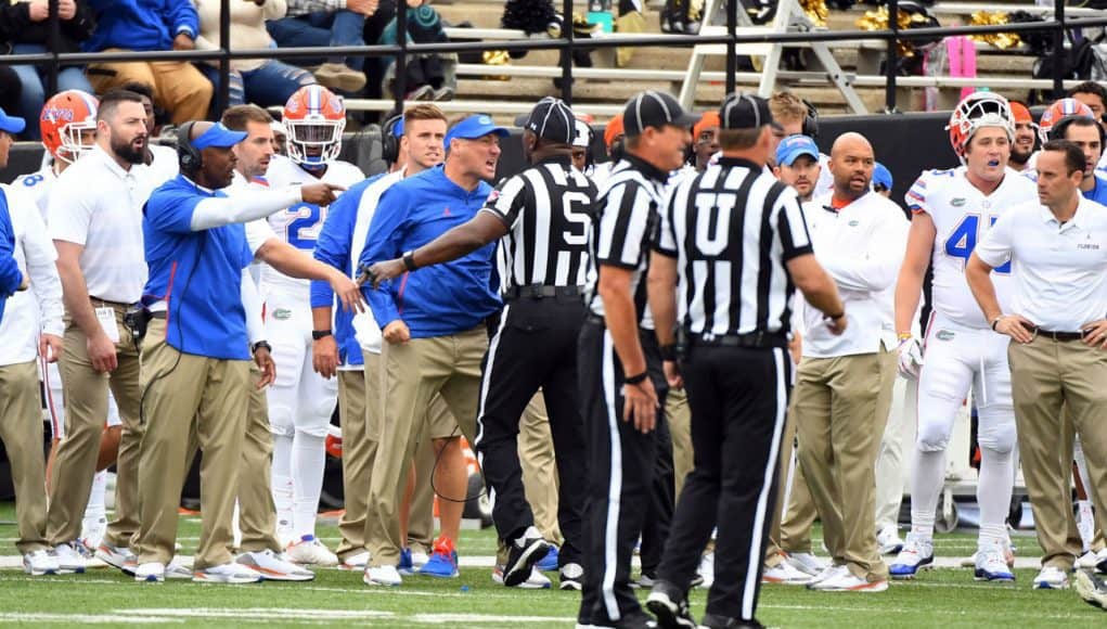 Florida Gators head coach Dan Mullen yells at Vanderbilt coach Derek Mason- 1280x800