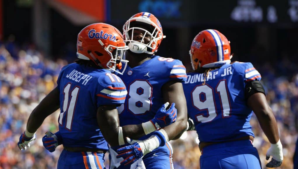 Florida Gators linebacker Vosean Joseph celebrates a sack against LSU-1280x853