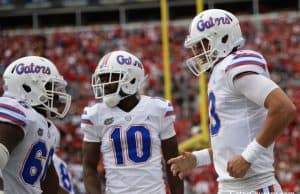 Florida Gators quarterback Feleipe Franks celebrates with Josh Hammond against UGA- 1280x853