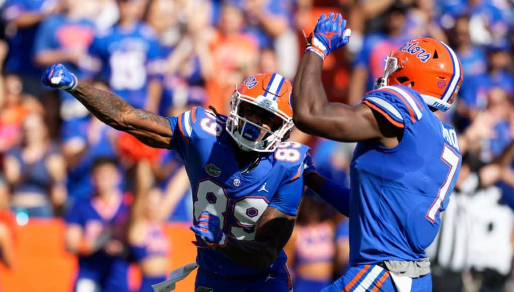 Florida Gators receiver Tyrie Cleveland and Jeremiah Moon celebrate against LSU- 1280x853