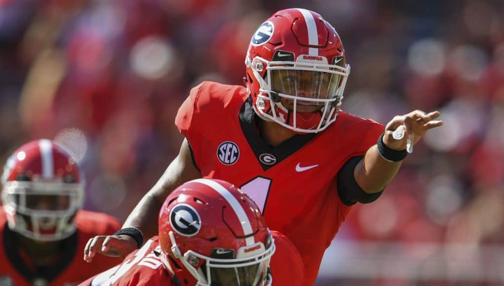 Sep 1, 2018; Athens, GA, USA; Georgia Bulldogs quarterback Justin Fields (1) calls a play behind center Lamont Gaillard (53) against the Austin Peay Governors during the first half at Sanford Stadium. Mandatory Credit: Dale Zanine-USA TODAY Sports