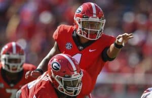 Sep 1, 2018; Athens, GA, USA; Georgia Bulldogs quarterback Justin Fields (1) calls a play behind center Lamont Gaillard (53) against the Austin Peay Governors during the first half at Sanford Stadium. Mandatory Credit: Dale Zanine-USA TODAY Sports