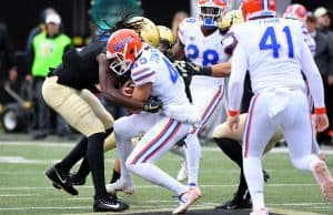 Oct 13, 2018; Nashville, TN, USA; Florida Gators punter Tommy Townsend (43) runs for a first down on a fake punt during the second half against the Vanderbilt Commodores at Vanderbilt Stadium. Mandatory Credit: Christopher Hanewinckel-USA TODAY Sports