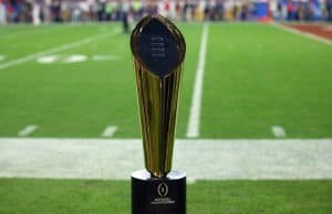 December 31, 2016; Glendale, AZ, USA; General view of the College Football Playoff championship trophy during the game between the Clemson Tigers and Ohio State Buckeyes at University of Phoenix Stadium. Mandatory Credit: Matthew Emmons-USA TODAY Sports