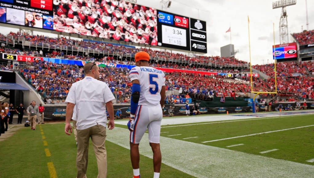 University of Florida cornerback C.J. Henderson walks off of the field with a back injury in a loss to the Georgia Bulldogs- Florida Gators football- 1280x852