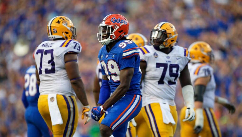 University of Florida defensive end Jachai Polite celebrates after sacking LSU quarterback LSU Joe Burrow- Florida Gators football- 1280x853