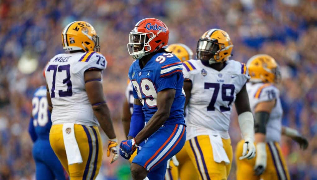 University of Florida defensive end Jachai Polite celebrates after sacking LSU quarterback LSU Joe Burrow- Florida Gators football- 1280x853