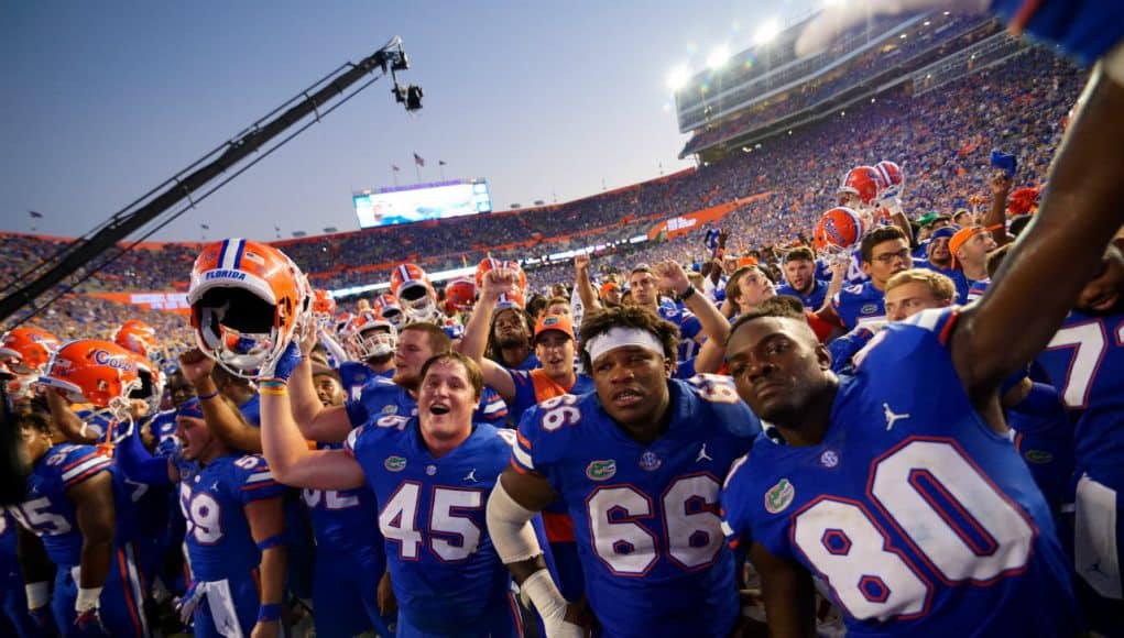 University of Florida football players celebrate beating No. 5 LSU by singing the fight song with the band- Florida Gators football- 1280x852