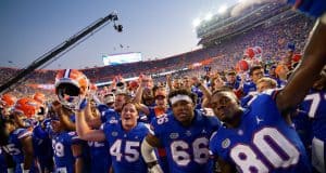 University of Florida football players celebrate beating No. 5 LSU by singing the fight song with the band- Florida Gators football- 1280x852
