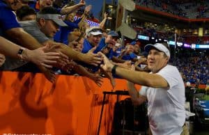 University of Florida head coach Dan Mullen does a victory lap around Ben Hill Griffin Stadium after the Florida Gators win over LSU- Florida Gators football- 1280x852