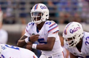 University of Florida quarterback Emory Jones makes a call at the line of scrimmage in a loss to Georgia- Florida Gators football- 1280x854