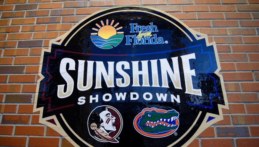 A sign outside of Ben Hill Griffin Stadium promoting the Sunshine Showdown between the Florida Gators and Florida State Seminoles- Florida Gators football- 1280x852