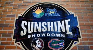 A sign outside of Ben Hill Griffin Stadium promoting the Sunshine Showdown between the Florida Gators and Florida State Seminoles- Florida Gators football- 1280x852