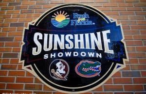 A sign outside of Ben Hill Griffin Stadium promoting the Sunshine Showdown between the Florida Gators and Florida State Seminoles- Florida Gators football- 1280x852