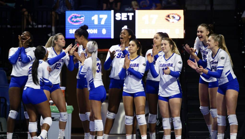 Florida Gators Volleyball celebrates a win in 2018- 1280x853