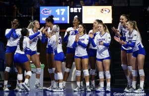 Florida Gators Volleyball celebrates a win in 2018- 1280x853