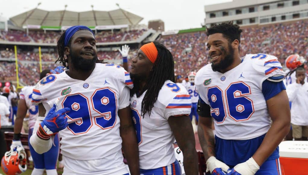 Florida Gators defensive lineman Jachai Polite and CeCe Jefferson after the FSU game- 1280x852