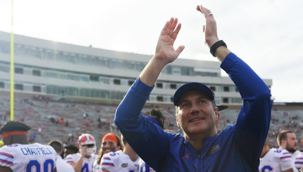 Florida Gators head coach Dan Mullen celebrates after defeating FSU- 1280x852