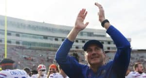 Florida Gators head coach Dan Mullen celebrates after defeating FSU- 1280x852