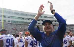 Florida Gators head coach Dan Mullen celebrates after defeating FSU- 1280x852