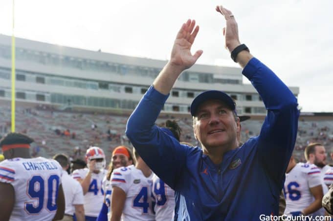 Florida Gators head coach Dan Mullen celebrates after defeating FSU- 1280x852