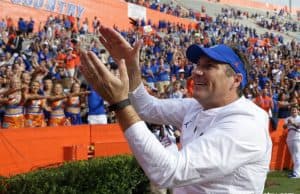 Florida Gators head coach Dan Mullen does the Gator Chomp after South Carolina- 1280x852