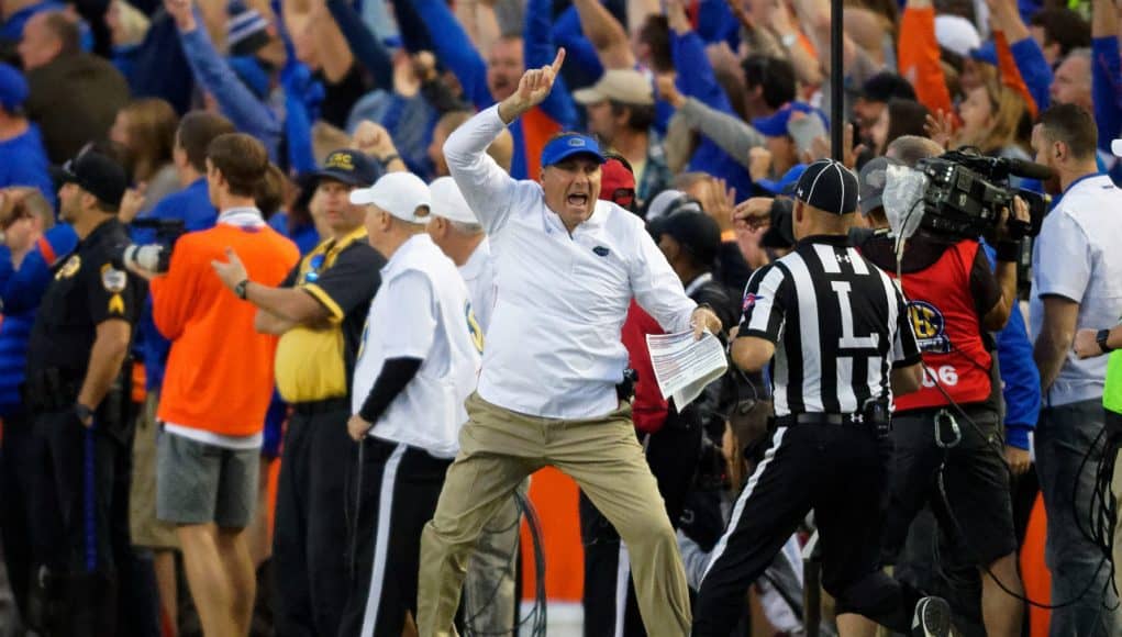 Florida Gators head coach Dan Mullen reacts to a call during the Missouri game- 1280x853