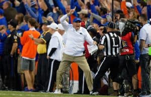 Florida Gators head coach Dan Mullen reacts to a call during the Missouri game- 1280x853