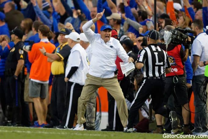 Florida Gators head coach Dan Mullen reacts to a call during the Missouri game- 1280x853