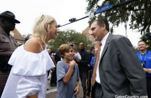 Florida Gators head coach Dan Mullen talks to his wife before the South Carolina game- 1280x853