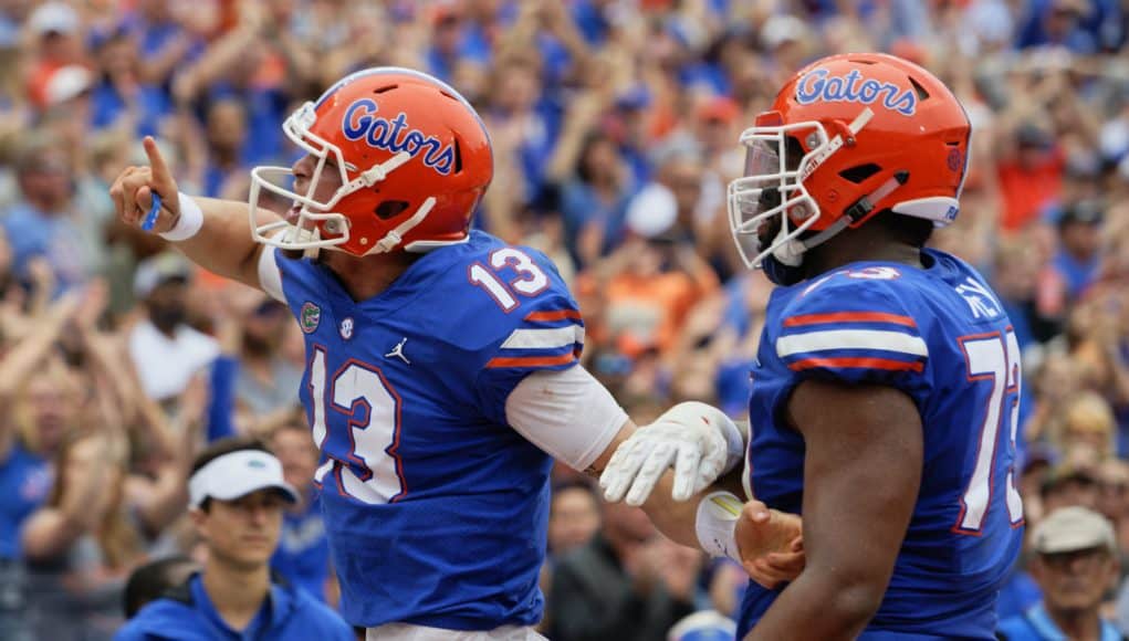 Florida Gators quarterback Feleipe Franks tells the crowd to be quiet- 1280x853