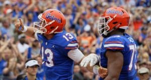 Florida Gators quarterback Feleipe Franks tells the crowd to be quiet- 1280x853