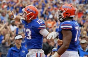 Florida Gators quarterback Feleipe Franks tells the crowd to be quiet- 1280x853