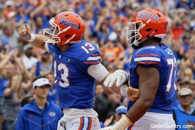 Florida Gators quarterback Feleipe Franks tells the crowd to be quiet- 1280x853