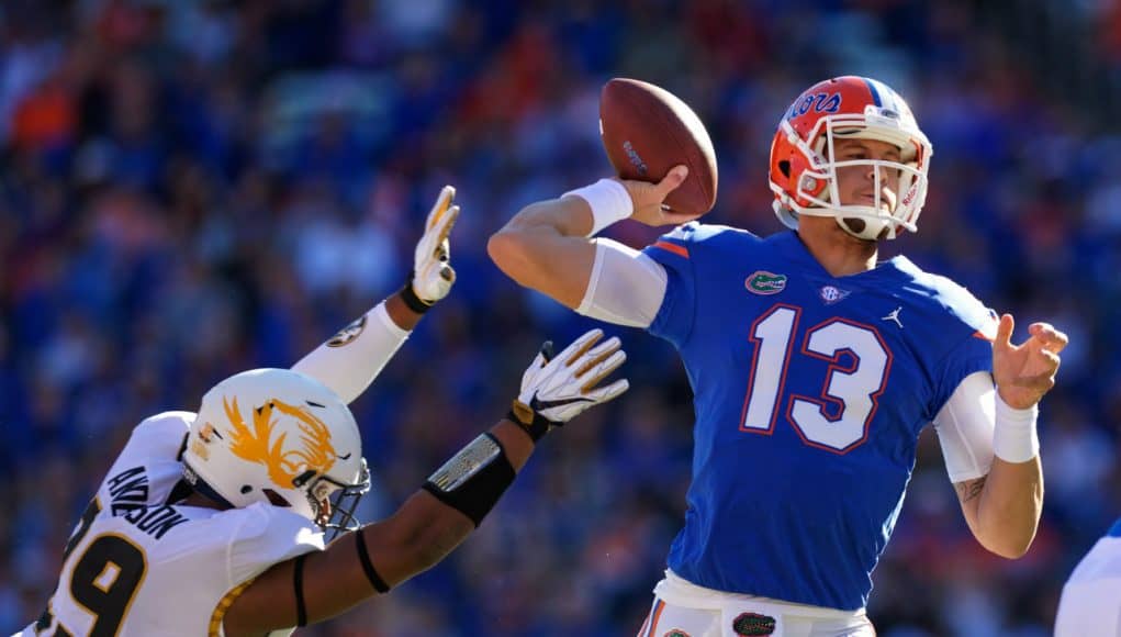 Florida Gators quarterback Feleipe Franks throws against Missouri- 1280x853