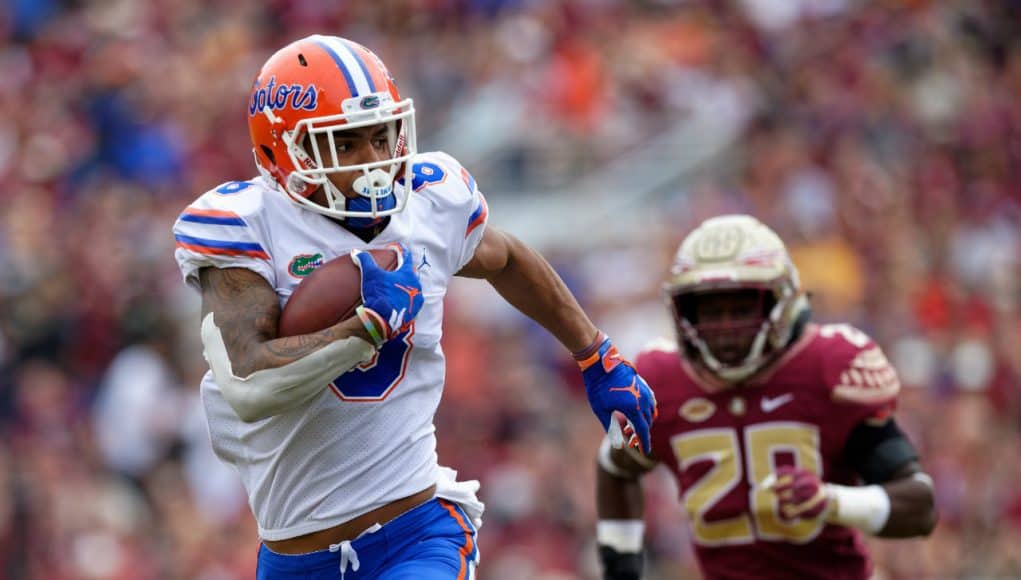 Florida Gators receiver Trevon Grimes runs against Florida State 2018- 1280x853