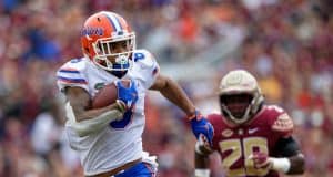 Florida Gators receiver Trevon Grimes runs against Florida State 2018- 1280x853