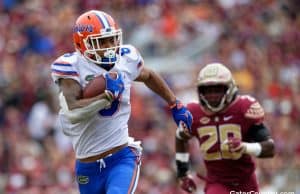 Florida Gators receiver Trevon Grimes runs against Florida State 2018- 1280x853