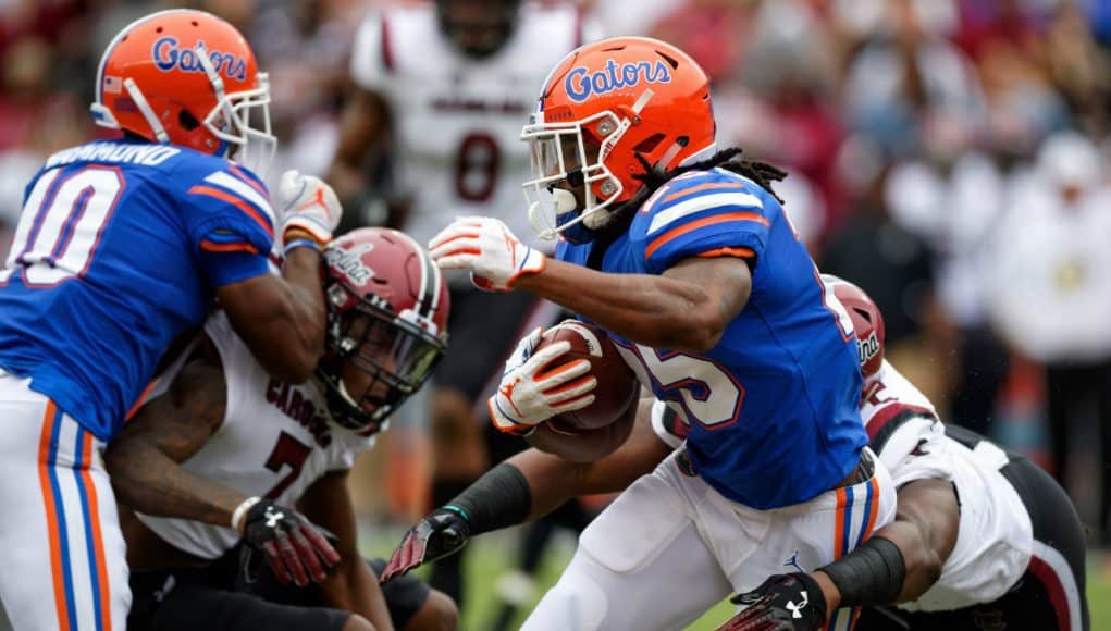 Florida Gators running back Jordan Scarlett runs against South Carolina- 1280x853