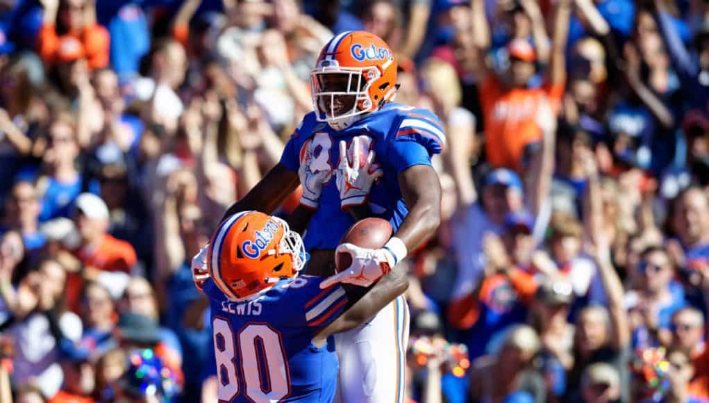 Florida Gators tight ends Kyle Pitts and Cyontai Lewis celebrate Pitts touchdown- 1280x853