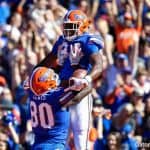 Florida Gators tight ends Kyle Pitts and Cyontai Lewis celebrate Pitts touchdown- 1280x853