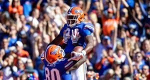 Florida Gators tight ends Kyle Pitts and Cyontai Lewis celebrate Pitts touchdown- 1280x853